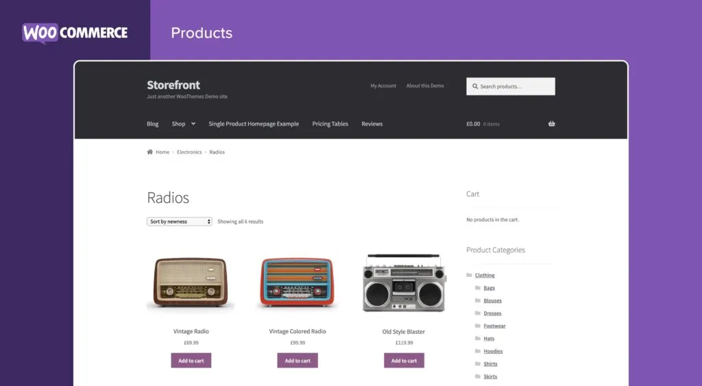 WooCommerce skjermbilde med Storefront tema