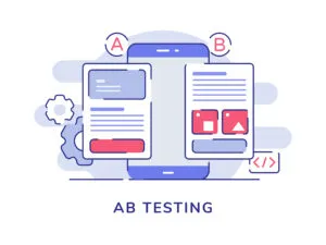 AB testing illustrasjon - AB-testkonsept A B-sammenligning delt wireframe-applikasjon på smarttelefonskjerm med flat konturstil vektordesignillustrasjon