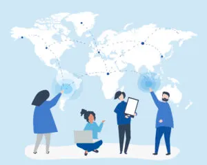 CDN illustrasjon - karakterer av mennesker med et globalt nettverk konsept