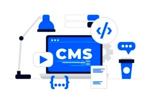 Wordpress CMS illustrasjon. Blå og svart stilisert tegning av laptop