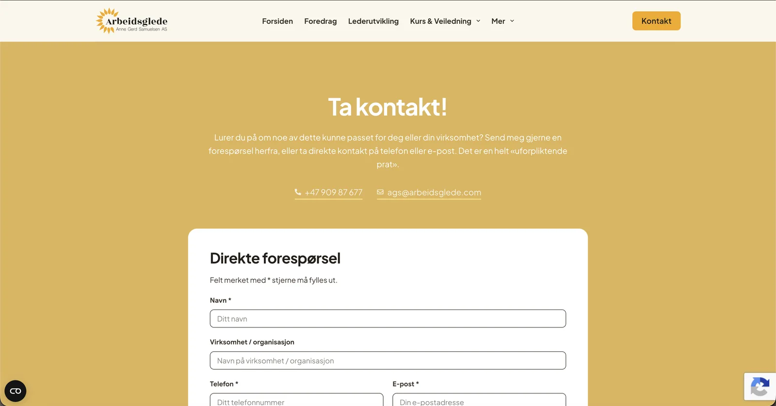 Kontaktsiden med overskriften «Ta kontakt!» på gul bakgrunn, kontaktinformasjon under, og et hvitt kort med skjemafeltene navn, virksomhet, telefon og e-post.