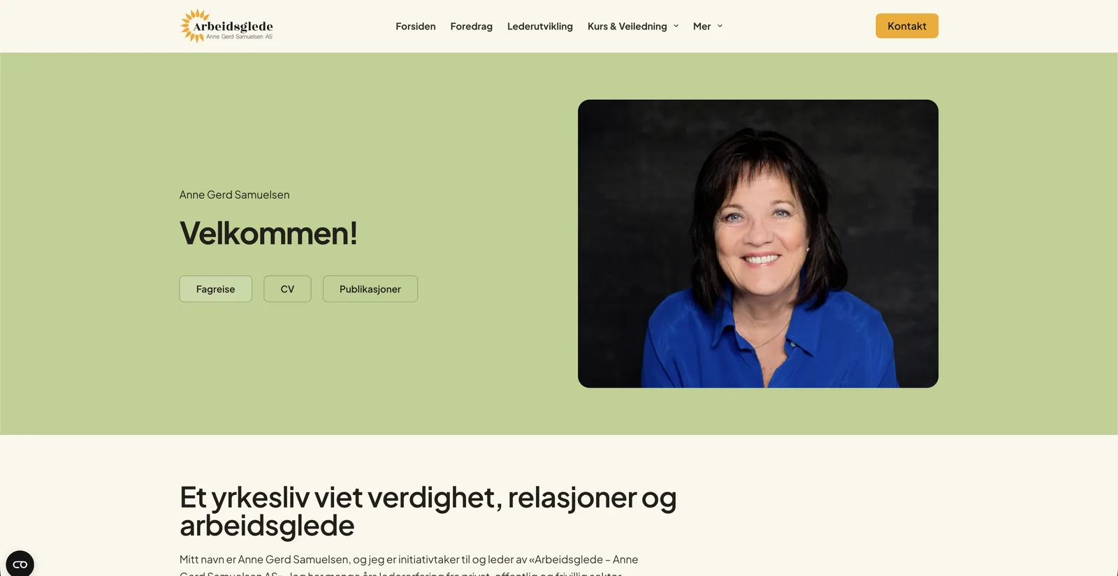 Toppen av «Om meg»-siden på lysegrønn flate, med navnet Anne Gerd Samuelsen over overskriften «Velkommen!» og knappene Fagreise, CV og Publikasjoner, og et portrett av henne til høyre.