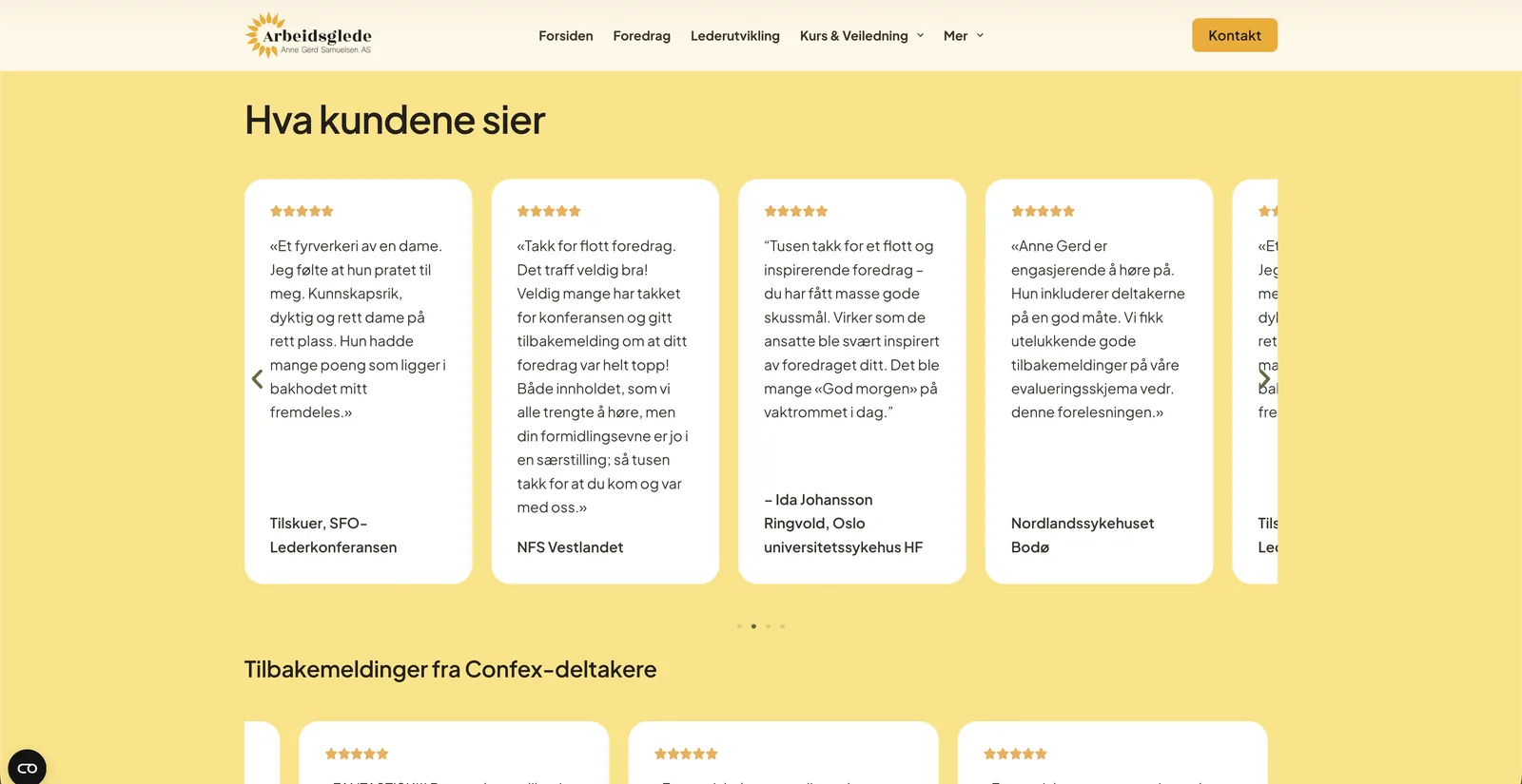 Seksjonen «Hva kundene sier» på gul bakgrunn, med hvite kort i en karusell som hver viser fem stjerner, et sitat fra en kunde, og hvem sitatet kommer fra.