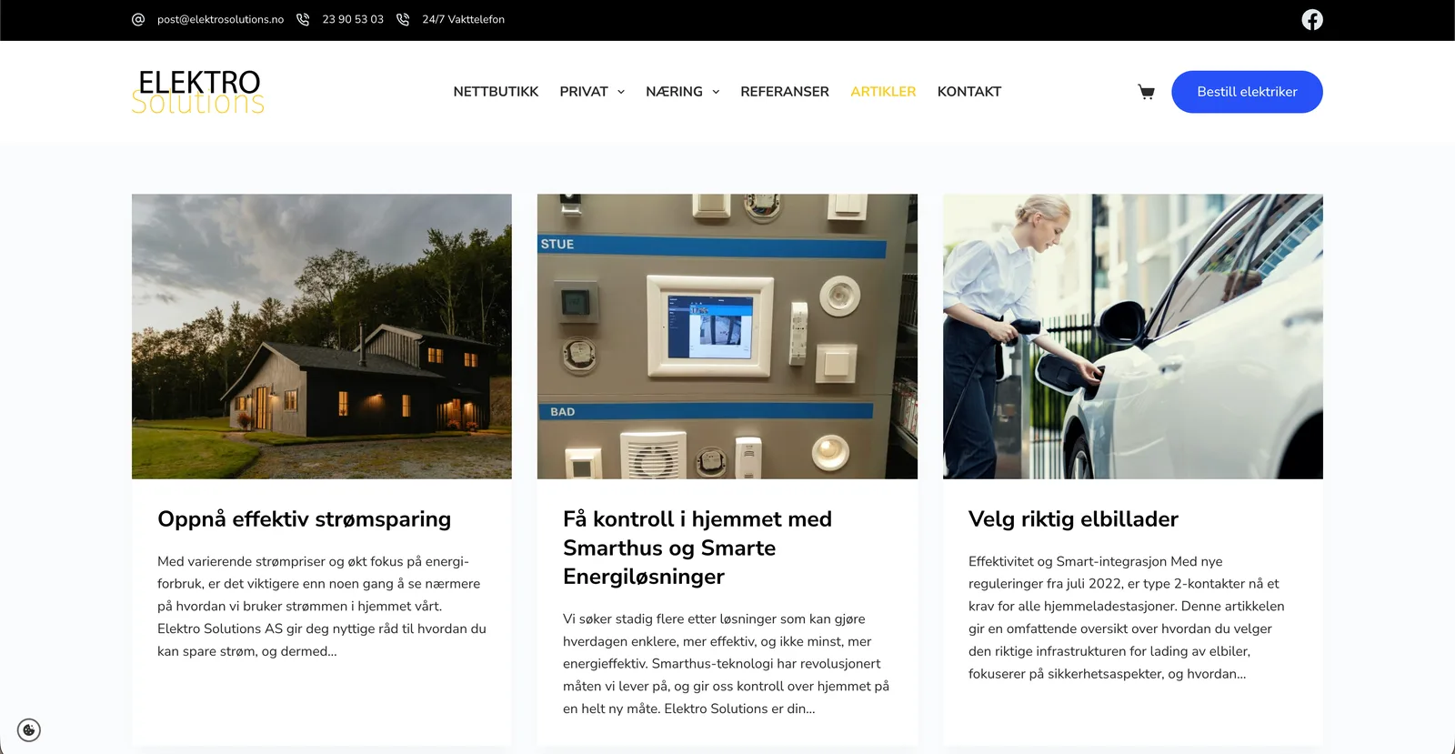 Artikkeloversikten med tre artikler i rutenett: strømsparing, smarthus og valg av elbillader, hver med bilde, overskrift og ingress.