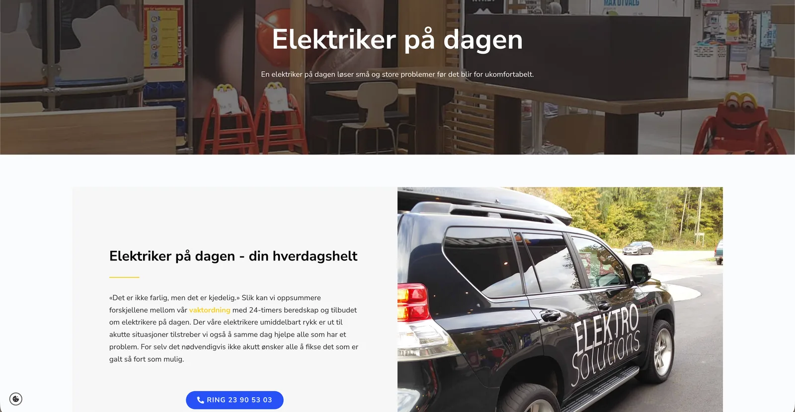 Landingssiden «Elektriker på dagen», med tekst om vaktordningen til venstre og et foto av en firmabil med Elektro Solutions-logo til høyre.