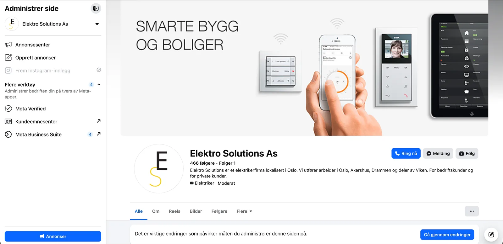 Facebook-siden til Elektro Solutions med forsidebilde om smarte bygg og boliger, logo, 466 følgere og administrasjonsmenyen til venstre.