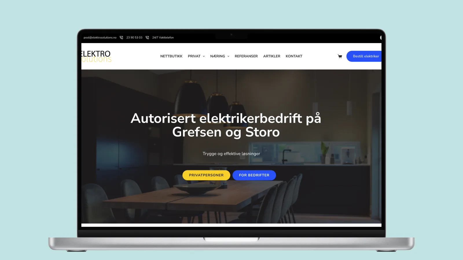 Elektro Solutions sin forside vist på en laptop, med overskriften «Autorisert elektrikerbedrift på Grefsen og Storo» over et mørkt kjøkkenbilde, og knappene «Privatpersoner» og «For bedrifter».