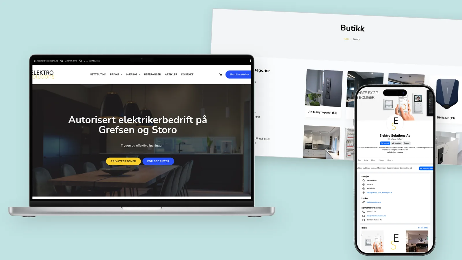 Elektro Solutions sin nettside vist på en laptop, med nettbutikken på en løsrevet skjermflate bak og Facebook-siden på en mobil foran.