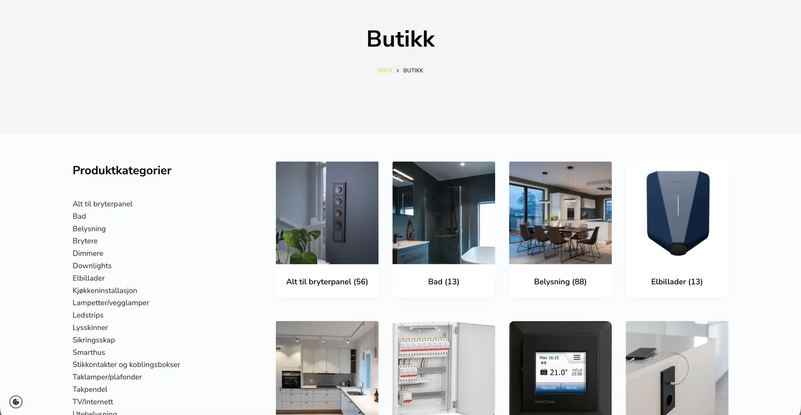 Nettbutikken med produktkategorier listet til venstre, og til høyre kategorikort med bilde og antall produkter: bryterpanel, bad, belysning og elbillader.