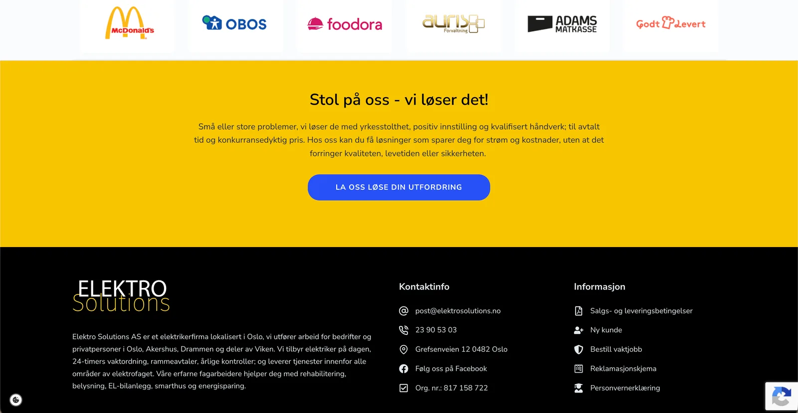 Bunnen av nettsiden med kundelogoer på rad, en gul seksjon med overskriften «Stol på oss - vi løser det!», og under den bunnteksten på svart med kontaktinformasjon.