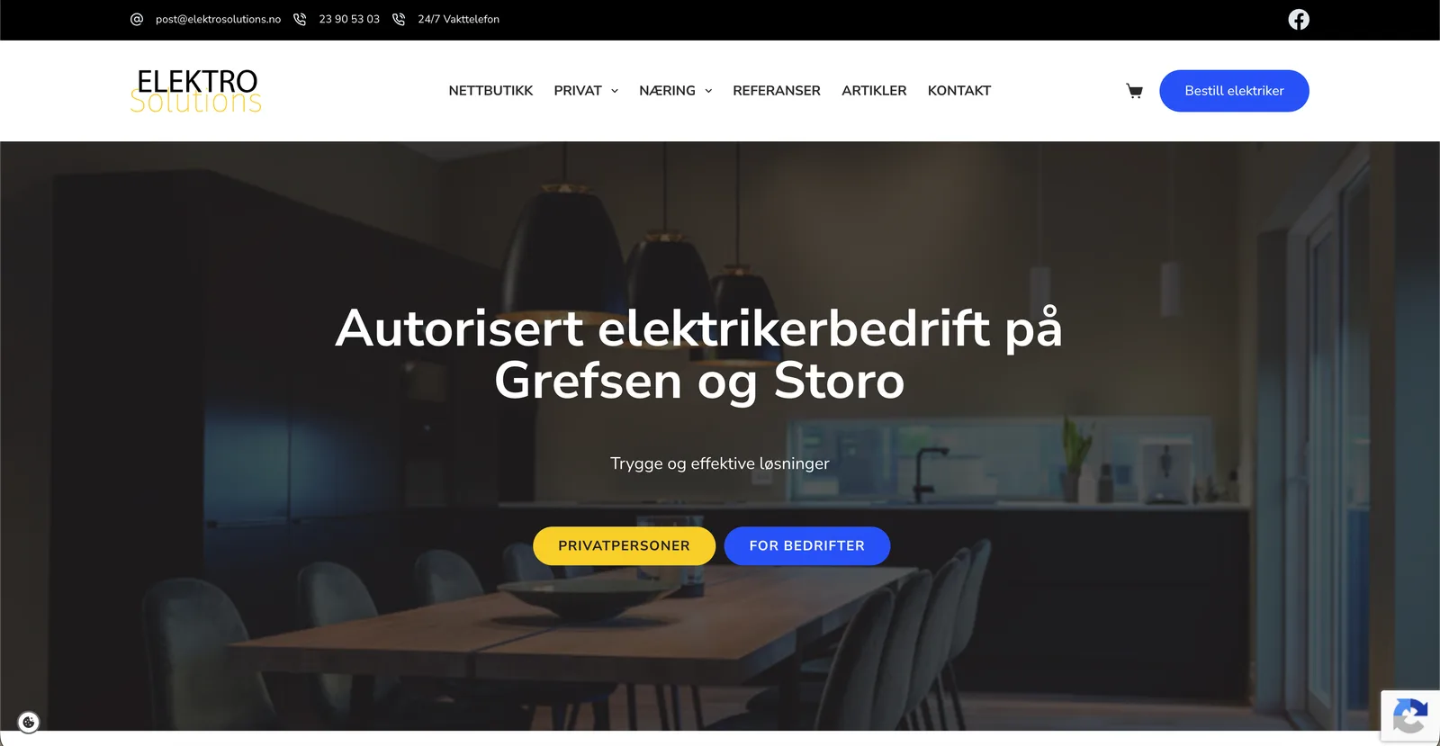 Toppen av nettsiden med svart topplinje, logoen i hvitt og gult, og overskriften «Autorisert elektrikerbedrift på Grefsen og Storo» over et mørkt kjøkkenbilde.