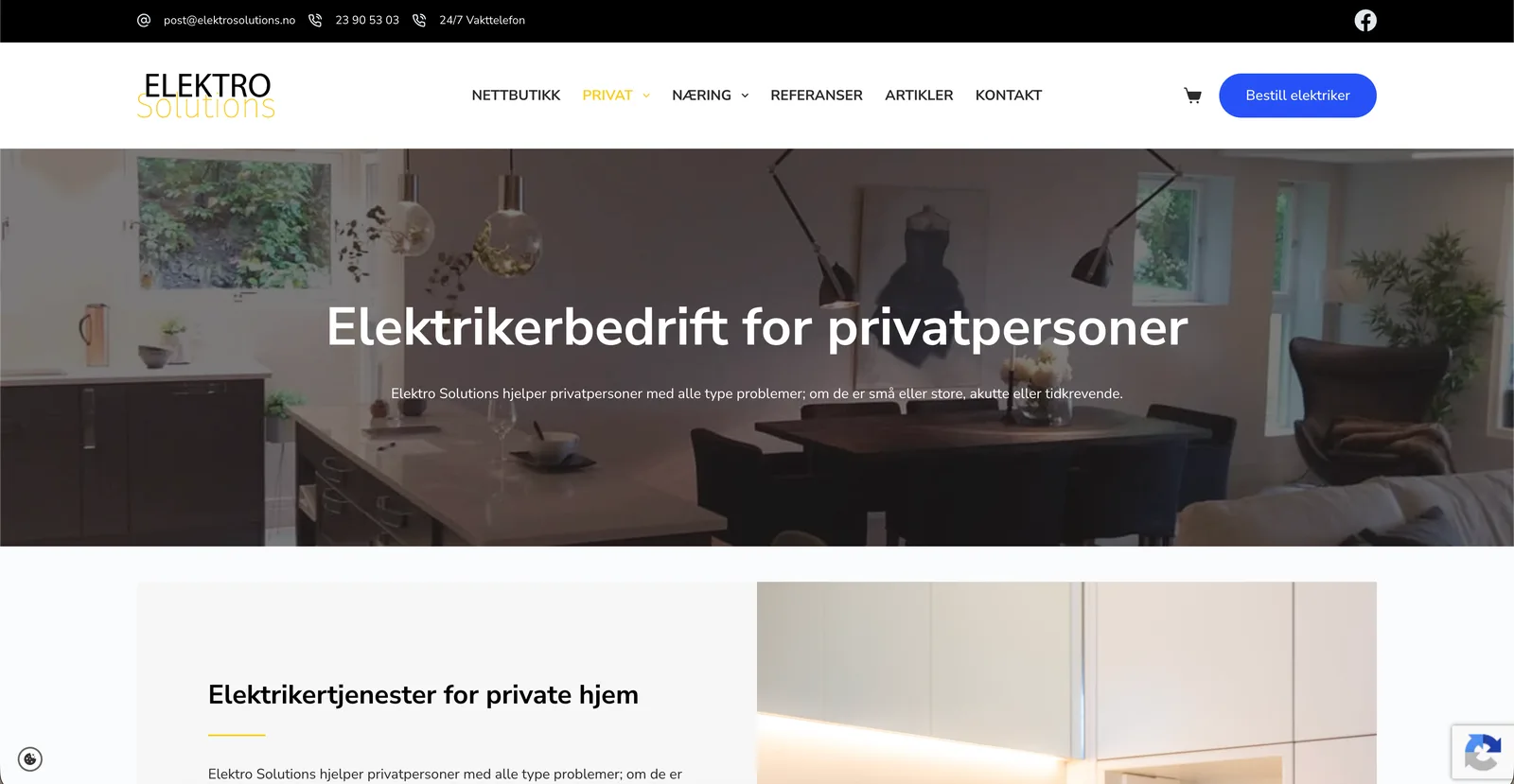 Tjenestesiden «Elektrikerbedrift for privatpersoner», med et stort interiørbilde øverst og under det en seksjon om elektrikertjenester for private hjem.