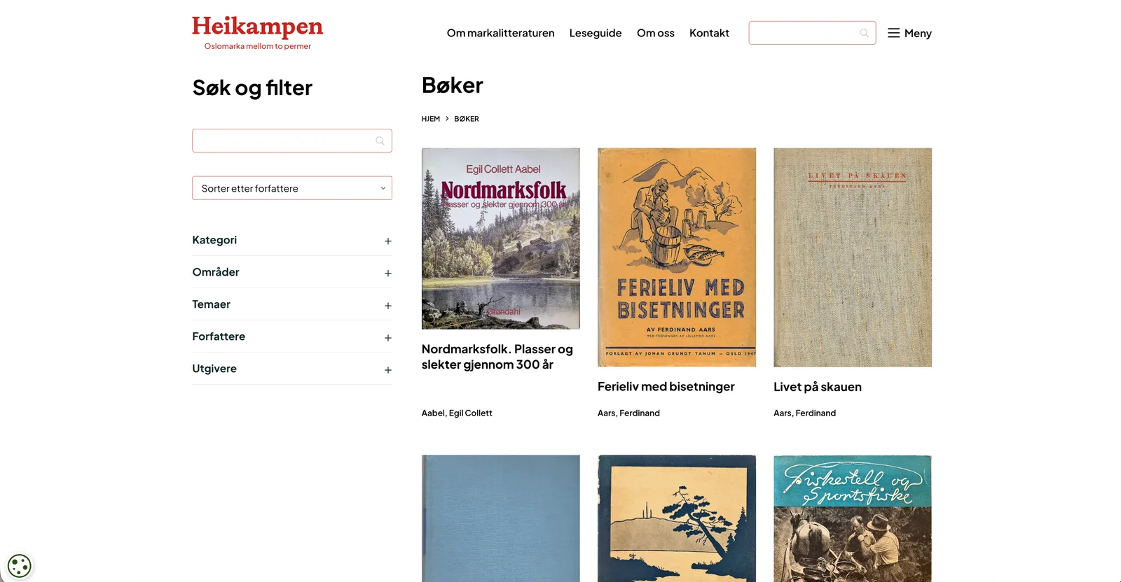 Bokoversikten med søk og filter på kategori, område, tema, forfatter og utgiver til venstre, og bokomslag i rutenett til høyre.