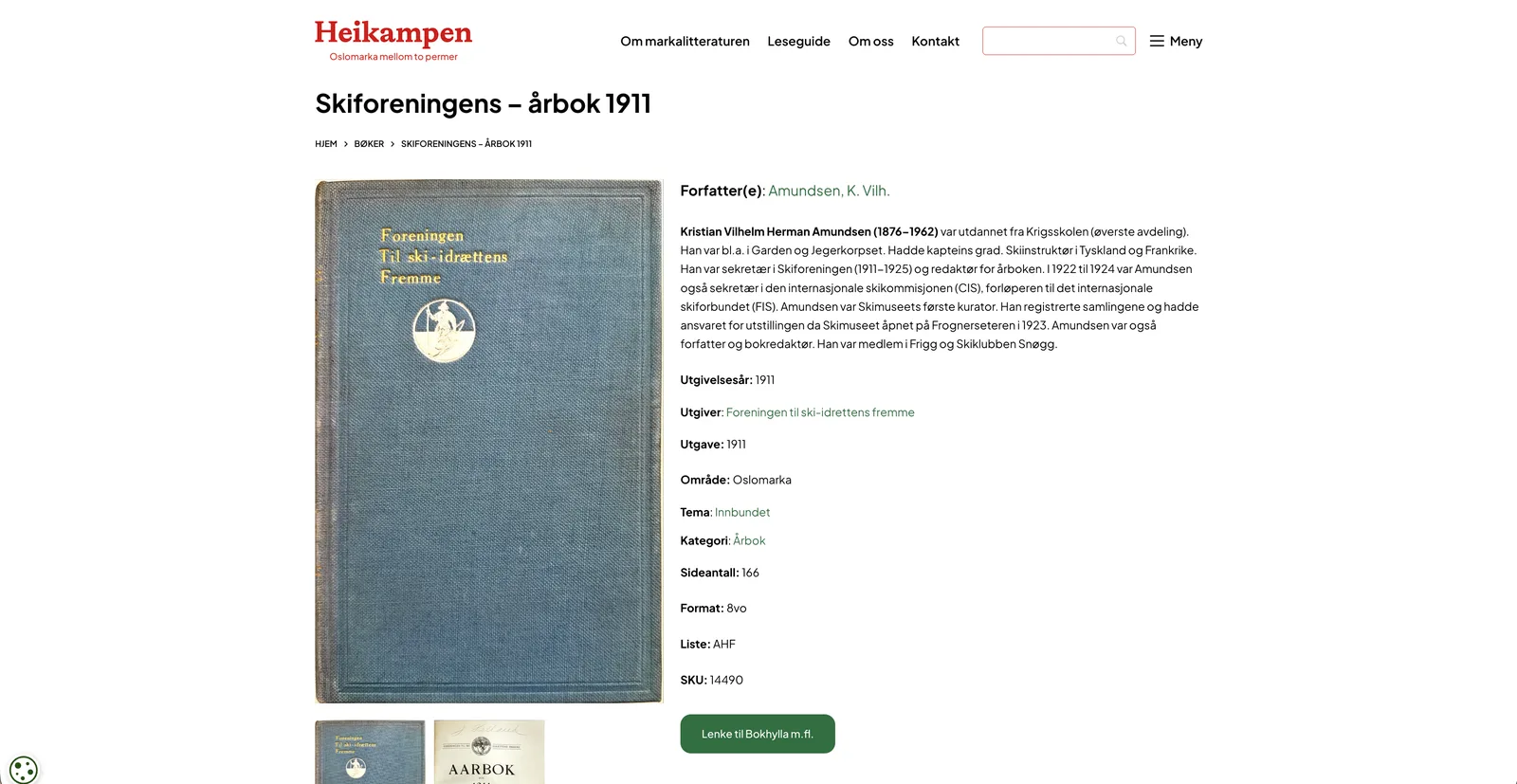 Undersiden for én bok, Skiforeningens årbok fra 1911. Bilde av bokomslaget til venstre, og til høyre opplysninger om forfatter, utgivelsesår, utgiver, område, tema, kategori og sideantall.