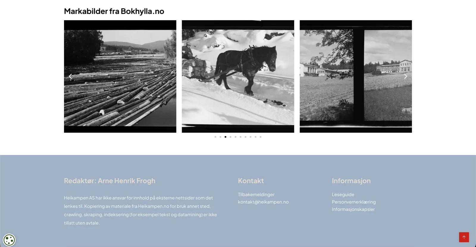 Seksjonen «Markabilder fra Bokhylla.no» med historiske sort-hvitt-fotografier fra marka: tømmer som flyter i vann, en hest som drar tømmer i snøen, og bygninger ved et jorde. Under ligger nettsidens bunntekst med redaktør og kontaktinformasjon.