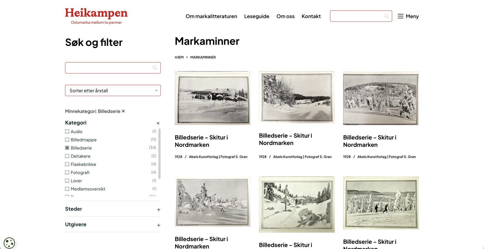 Oversikten over markaminner, med sort-hvitt postkort fra en billedserie om skiturer i Nordmarken fra 1928.
