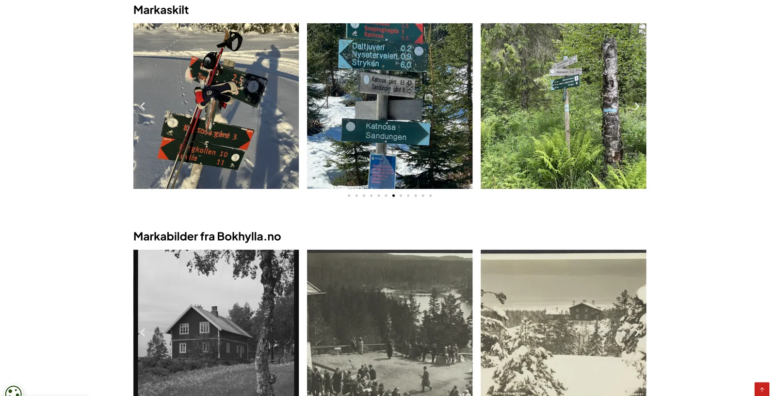 Bildekarusellen «Markaskilt» med fotografier av grønne og blå turskilt i marka, sommer og vinter.