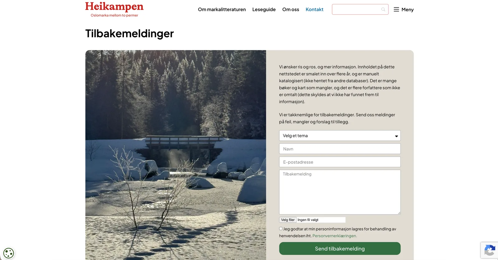 Tilbakemeldingssiden med et vinterbilde fra marka til venstre, og et skjema for å melde inn feil, mangler og forslag til høyre.