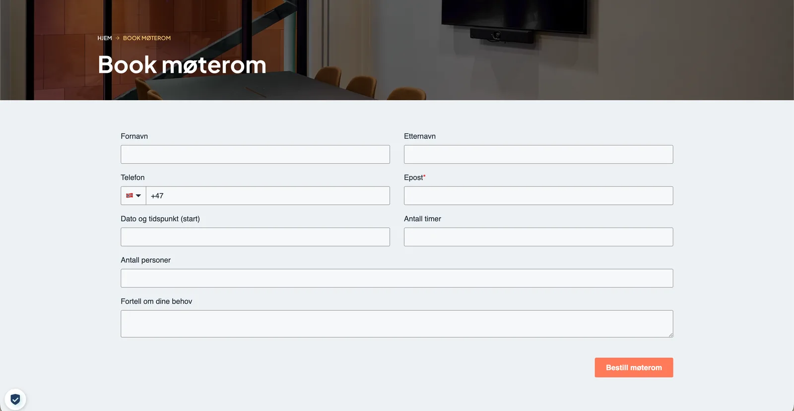 Bookingskjemaet «Book møterom» med felter for navn, telefon, e-post, dato og tidspunkt, antall timer og antall personer.