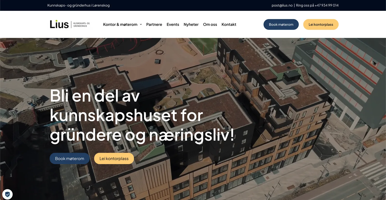 Forsiden av lius.no med overskriften «Bli en del av kunnskapshuset for gründere og næringsliv!» over et flyfoto av bygget, og knappene «Book møterom» og «Lei kontorplass».