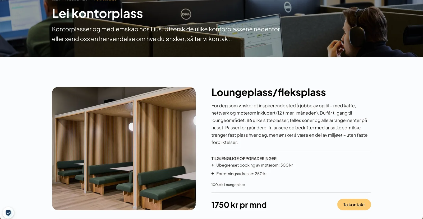 Siden «Lei kontorplass» med et foto av et kontorlandskap øverst, og under en beskrivelse av loungeplass med areal, oppgraderinger og pris.