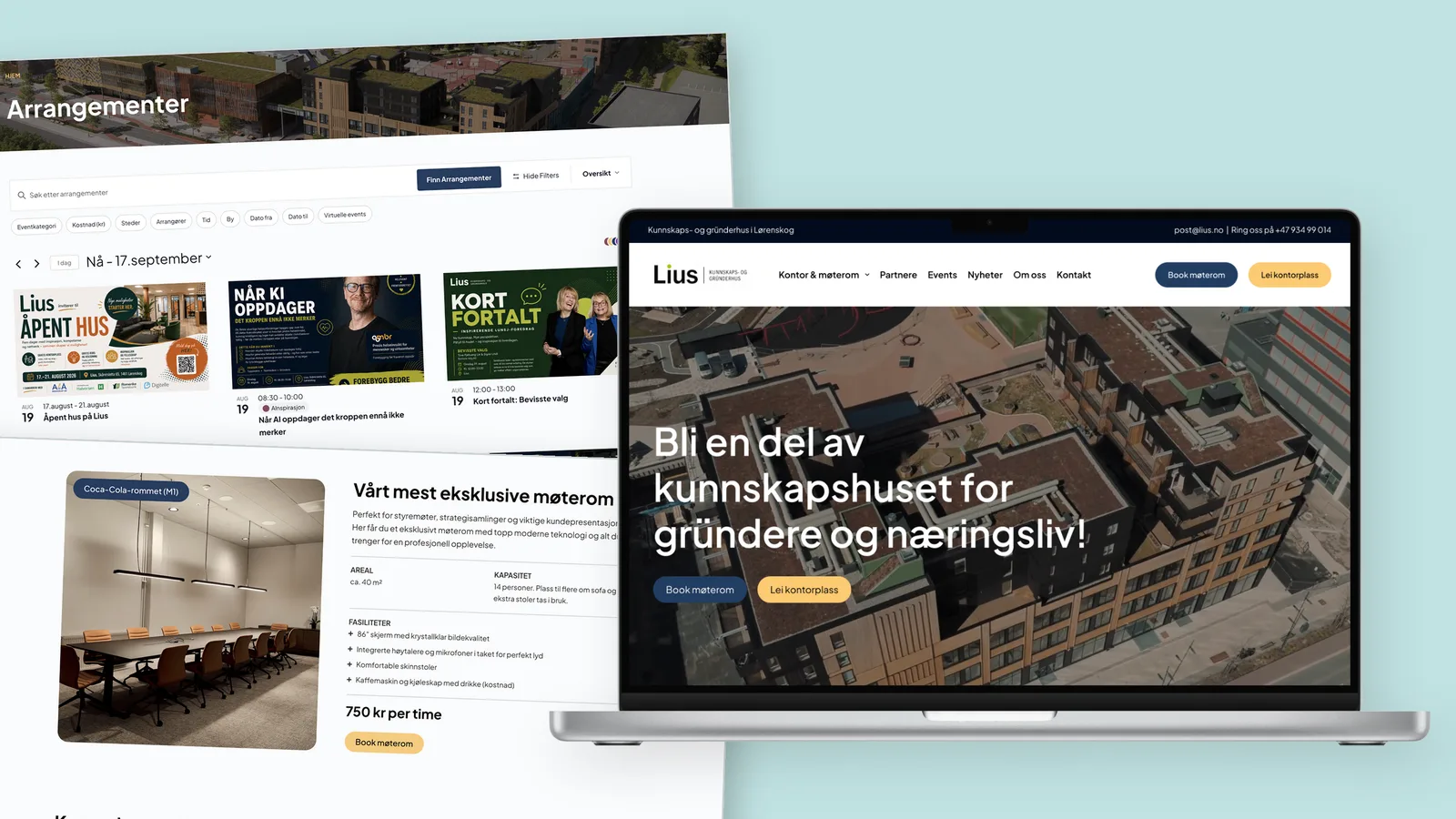 Lius sin nettside vist på en laptop med to løsrevne skjermflater ved siden av: forsiden med flyfotoet på laptopen, arrangementsoversikten på den ene flaten, og en møteromsside på den andre.