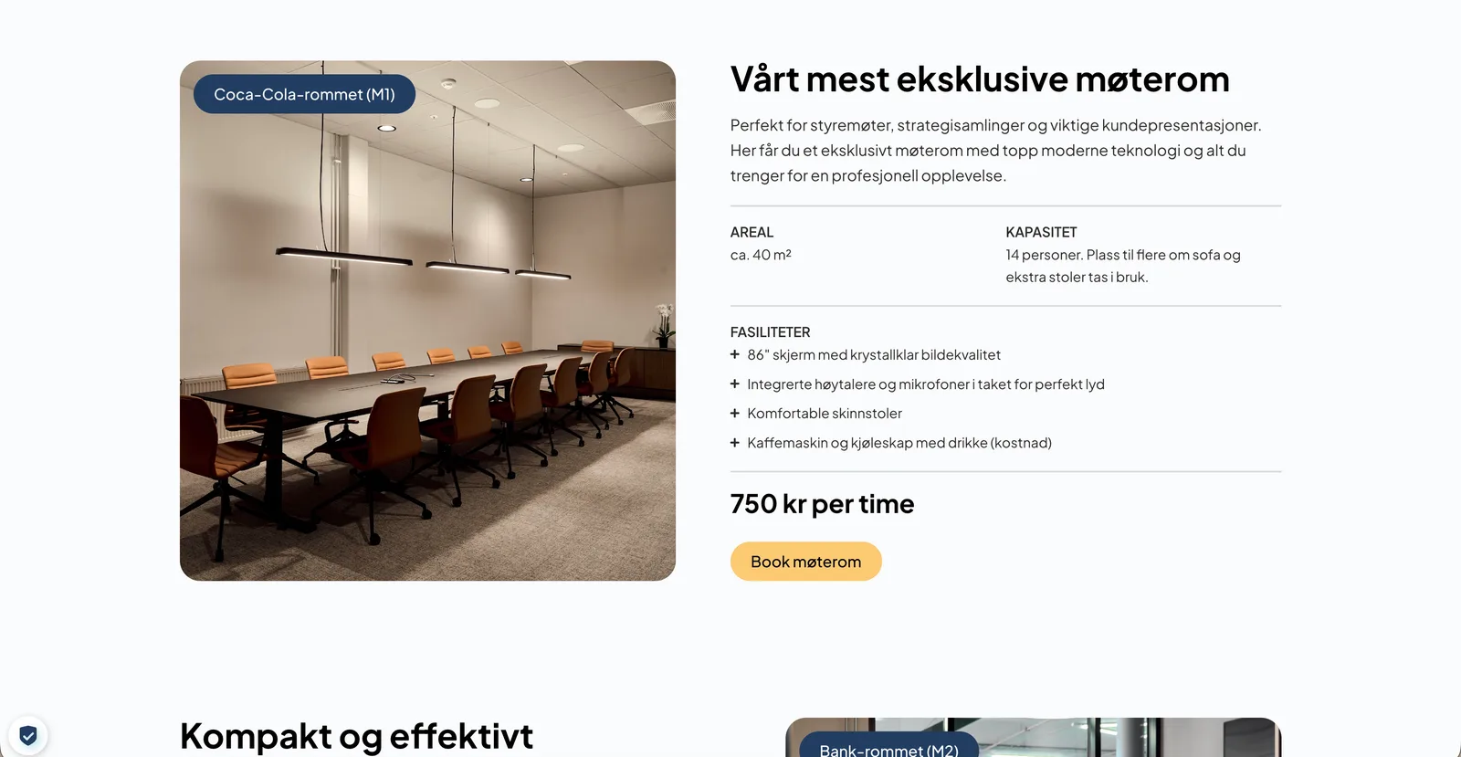 Siden for møterom, med foto av Coca-Cola-rommet til venstre og spesifikasjoner til høyre: areal, kapasitet, fasiliteter og timepris.