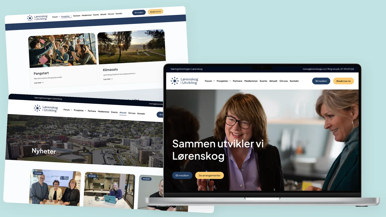 Lørenskog i Utviklings nettside vist på en laptop med to løsrevne skjermflater ved siden av: forsiden med de to kvinnene i samtale på laptopen, prosjektoversikten på den ene flaten, og nyhetssiden med flyfoto av Lørenskog på den andre.