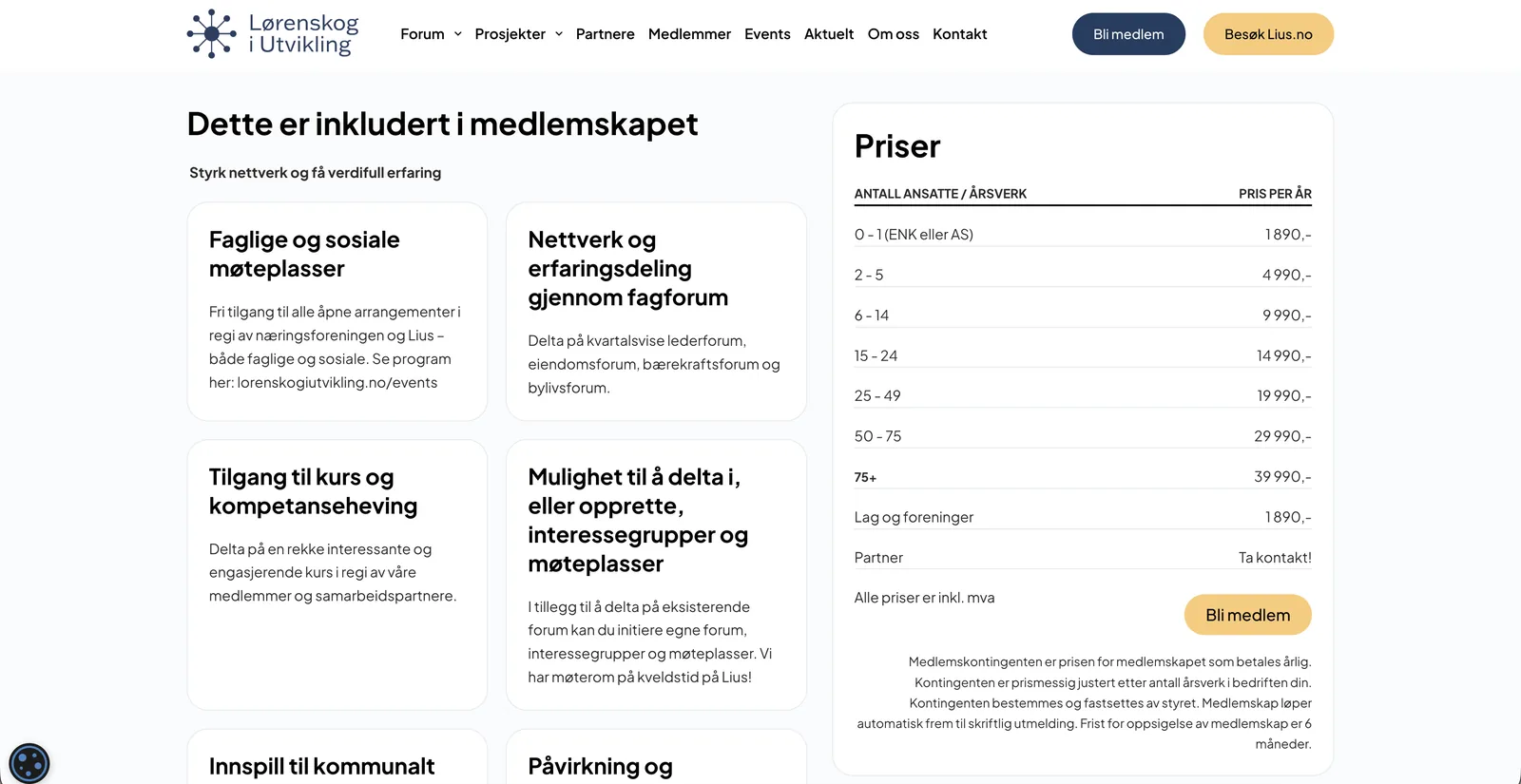 Siden «Bli medlem» med overskriften «Dette er inkludert i medlemskapet» og fordelene i egne bokser til venstre, og en prisliste etter antall ansatte med knappen «Bli medlem» til høyre.