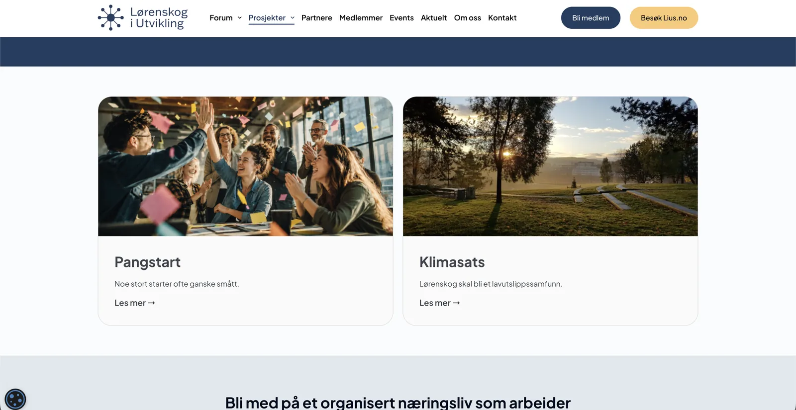 Prosjektoversikten med to kort side om side: Pangstart med et foto av en gruppe som gir hverandre high five foran en glassvegg med lapper, og Klimasats med et bilde fra en park i soloppgang.