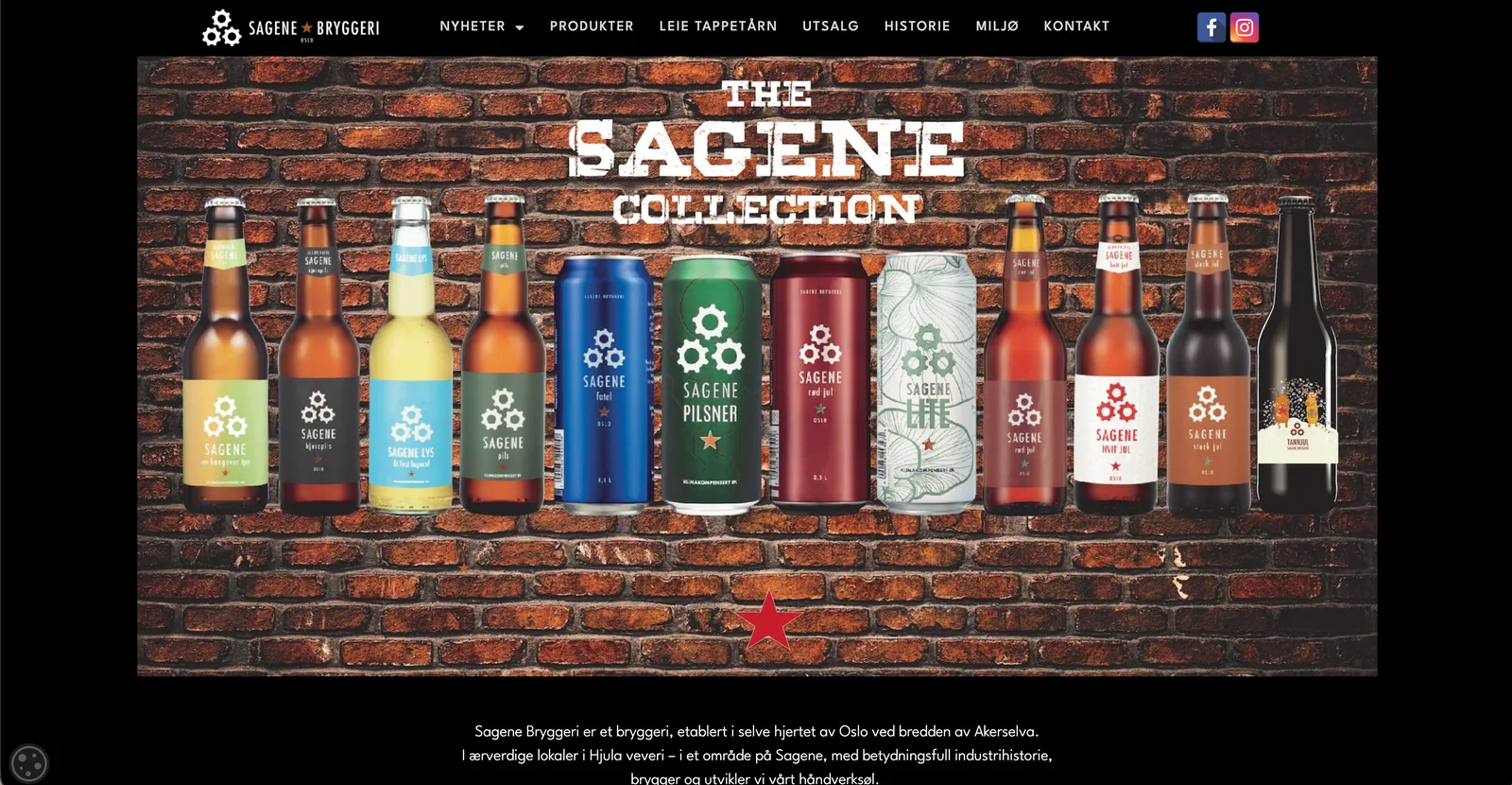Forsiden av sagenebryggeri.com med et banner kalt «The Sagene Collection», der tretten flasker og bokser står på rad foran en rød murvegg.