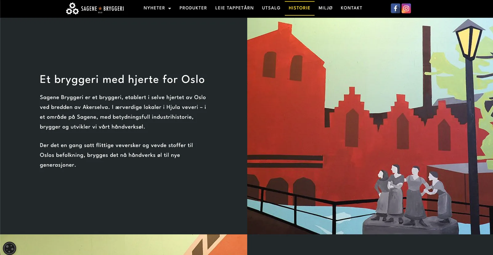 Historiesiden «Et bryggeri med hjerte for Oslo». Tekst på mørk bakgrunn til venstre, og til høyre et veggmaleri av Hjula veveri i rødt med fire veversker i forgrunnen.