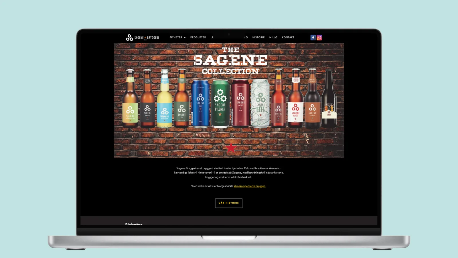 Sagene Bryggeris forside vist på en laptop: banneret «The Sagene Collection» med tretten flasker og bokser på rad foran en rød murvegg.