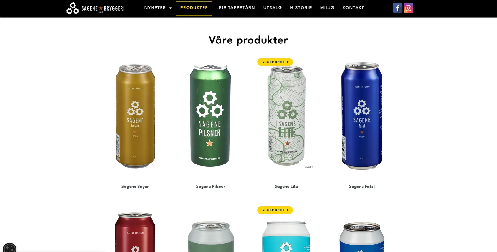 Produktoversikten «Våre produkter», med ølbokser i rutenett på hvit bakgrunn. Hver boks har produktnavn under seg, og noen er merket «Glutenfritt».