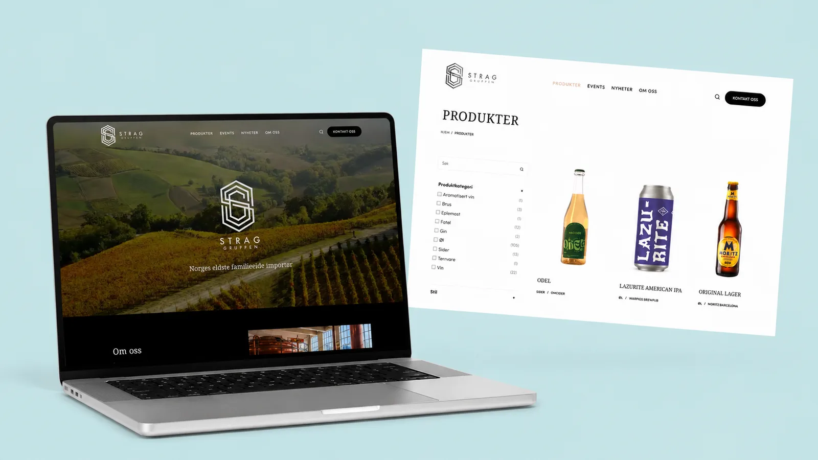 Strags nettside vist på en laptop med en løsrevet skjermflate ved siden av: forsiden med vinmarker og logo på laptopen, og produktoversikten med filtre og produktbilder på flaten.