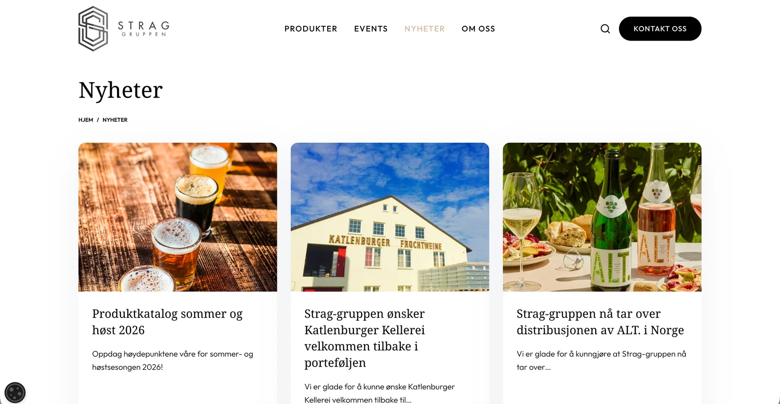 Nyhetsoversikten med artikler i rutenett. Hvert kort har et fotografi, overskrift og ingress.