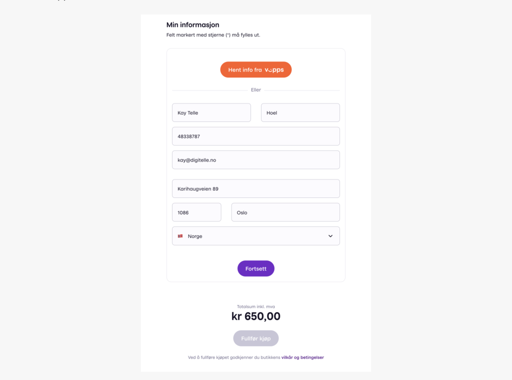 Skjermbilde av Vipps Checkout som viser felt for inntasting av kontaktinformasjon