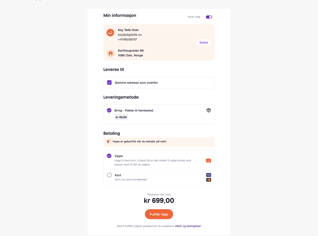 Skjermbilde av Vipps Checkout som viser bekreftelse av adresse, frakt og betalingsinformasjon.