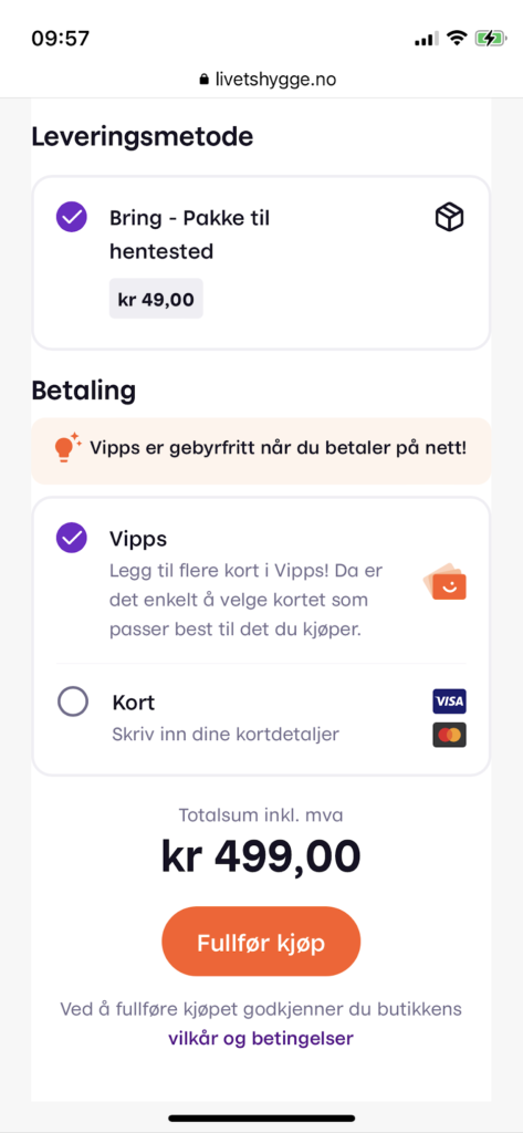 Skjermbilde av Vipps på mobile - bekreftelse av betalingsmetode.