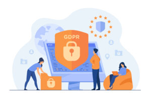 GDPR - Små mennesker som beskytter forretningsdata og juridisk informasjon isolert flat vektorillustrasjon. Generell personvernforskrift for beskyttelse av personopplysninger. GDPR og personvernpolitikk konsept