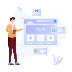 Google Ads illustrasjon av dame som ser på google annonser