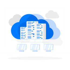 Illustrasjon av webhotell - cloud hosting. Datasenter i skyen med skjermer under.