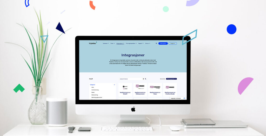 Bilde av en iMac med Tripletex webside på skjermen med skjermbilde av integrasjoner