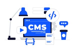 Wordpress CMS illustrasjon. Blå og svart stilisert tegning av laptop